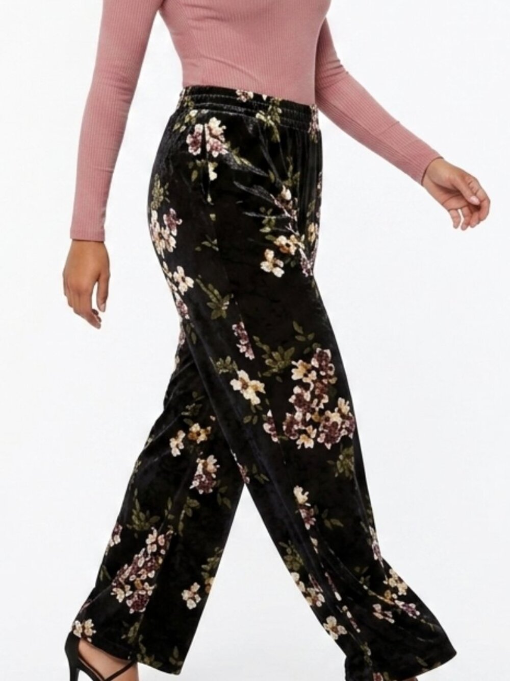 Black Velvet Floral Wide Leg Sweatpants Women Lounge Boho Cottagecore Sz L